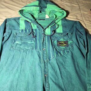 Vintage Exhaust Jeans Green Hooded Denim Shirt 90s Grunge Streetwear Hong Kong L